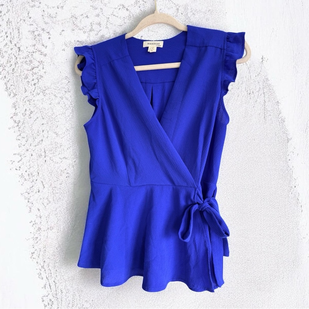 Monteau Royal Blue Ruffle Sleeve Crossover Tie V-Neck Top – Size L